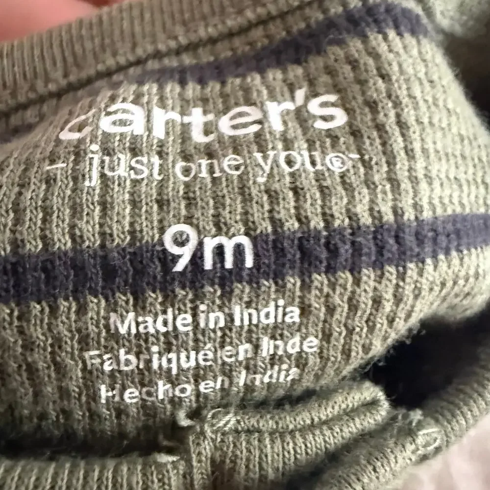 Carter’s Green Stripe Henley Romper Ribbed Thermal Waffle Knit Baby Boy 9 Months